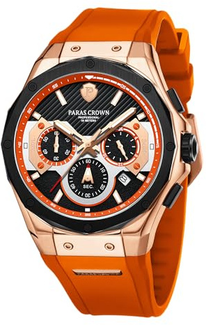 PC PARAS CROWN Uhren Herren mit Japanischem Uhrwerk 5ATM Chronograph Quarzuhr Edelstahl Tonneau-Gehäuse Herren Uhr mit Silikonarmband