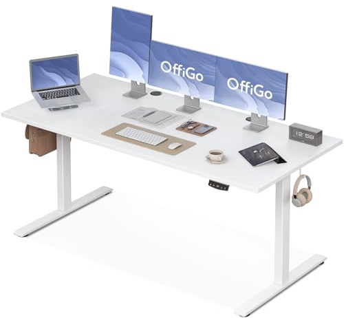 OffiGo Höhenverstellbarer Schreibtisch, 180 cm Elektrischer Schreibtisch, Ergonomischer Tisch mit Memory-Funktion, Gaming Tisch Höhenverstellbar, Moderner Computertisch für Zuhause und Büro, Weiß