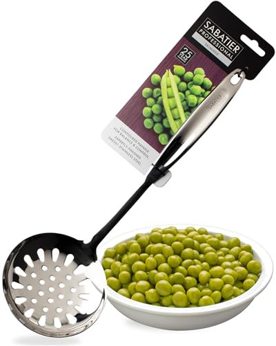 Sabatier Professional Large Metal Skimmer - Mirror Polished Stainless Steel Cooking Spoon for Draining Frying Oil, Serving Boiled Veg Or Pasta. Strong Construction. 5 Year Guarantee, Dishwasher Safe