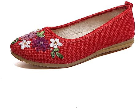 Flat Shoes for Women Elegant Width H - Linen Canvas Shoes Summer Fabric Surface Pumps Shoes Soft Soles Non-Slip Embroidered Shoes Comfortable Lightweight School Shoes Vintage Wedding Shoes, red, 3.5