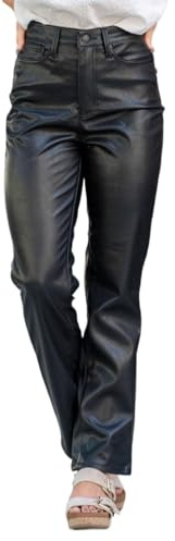 Pantaloni in pelle nera 7 pantaloni business donna in ecopelle con vita alta e gamba dritta, vegana, Nero , M