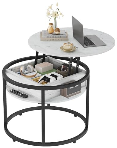 WLIVE Round Lift Up Coffee Table, Coffee Tables for Living Room with Storage & Hidden Compartment, Lift Top Table for Home Office, Round Centre Tables for Living Room, White