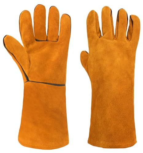 AUAUY Guanti per Saldatura, Guanti Ignifughi Resistenti al Calore, Guanto da Saldatore in Pelle da Uomo, Guanto da Lavoro Resistenti al Calore, per Fabbro, Saldatori, BBQ (Giallo)
