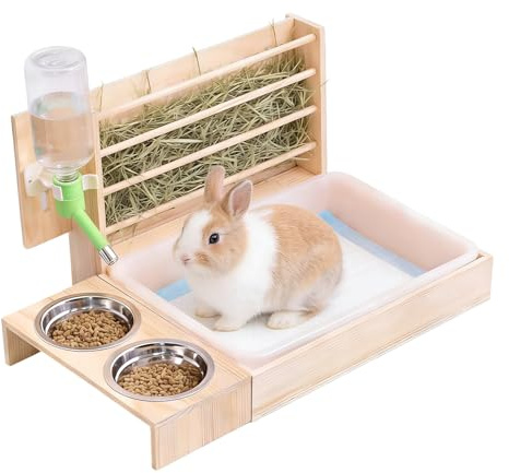 Mangeoire à Foin pour Lapin, Mangeoire à Foin en Bois, Mangeoire Foin Lapin, Râtelier à Foin en Bois, Abreuvoir Et Alimentateur Lapins 4 en 1, Ratelier Foin Lapins pour Petit Animal De Compagnie