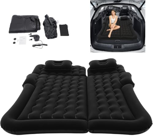 CLKAX Matelas gonflable pour siège arrière de voiture, jusqu'à 300 kg, 174 x 126 cm, portable, pliable, avec pompe à air et 2 oreillers, pour camping, voyage, extérieur (noir)