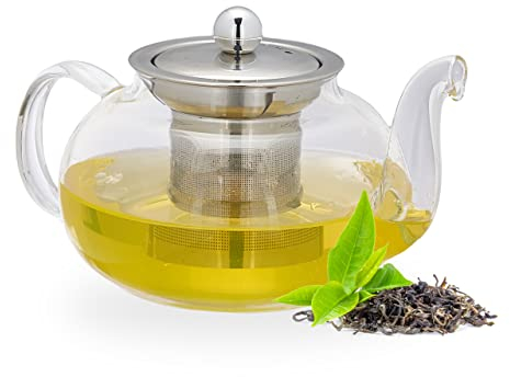 Relaxdays Tetera con Infusor, 600 ml, Vidrio Borosilicato, Acero Inoxidable, Jarrita Té a Granel, Transparente/Plateado