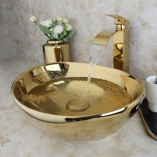 KECTIAKL Luxury Gold Bathroom Vessel Sink with Mixer Tap,16 Inch Ceramic Sink Bowl Wash Basin Above Counter Oval Bathroom Sink with Waterfall Faucet and Pop-up Drain Combo