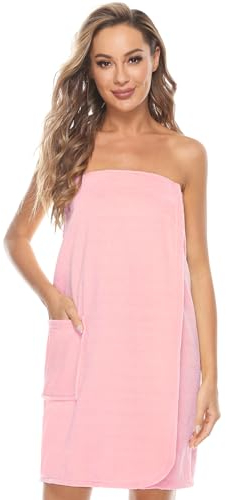 Knuffnee Damen Bademantel Frottee Sauna kilt Saunatuch Saunakilt mit Tasche und Klettverschluss Rosa L