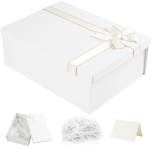 Mifferer Geschenkbox mit DeckelBox Groß, Geschenkkarton 29x22x3cm, Geschenke Box für Hochzeiten, Weihnachten, Geburtstage, Jubiläen Geschenkverpackung Box, Weiß