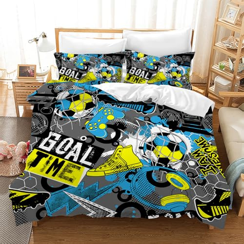 Gegeryozer Fußball Bettwäsche 135×200cm Kinder Bettwäsche Set 3D Fußball Muster Bettbezug Mikrofaser Bettwäsche Set mit 2 Kissenbezügen 50 x 75cm(F02)