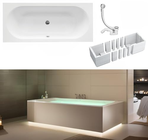 VBChome Vasca da bagno, 170 x 75 cm, in acrilico, colore bianco, per illuminazione a LED, in polistirolo, rettangolare, design moderno, scarico cromato
