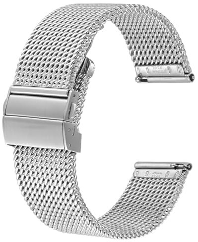 BISONSTRAP Metall Uhrenarmband, Faltschließe, 316L Edelstahl Mesh Armband, Schnellverschluss Ersatzarmband für Damen und Herren, 20mm, Silber