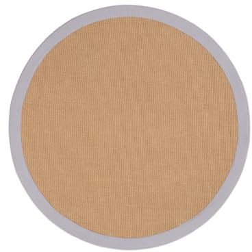 carpetfine Sisalteppich Naturfarbe Ø 200 cm handgewebt mit Bordüre aus Baumwolle in Hellgrau | Moderner Rutschfester Flachgewebe Teppich Uni aus Naturfasern für Wohnzimmer, Schlafzimmer