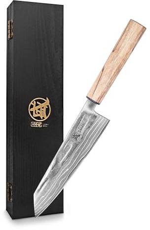 MITSUMOTO SAKARI 20 cm Kiritsuke Coltello da Cucina, 129 Strati di Acciaio in Polvere CPM S35VN Damasco, Coltello da Cucina Giapponese Artigianale, con Impugnatura in Acero