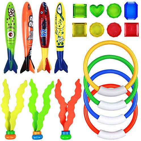 Dewocke Underwater Diving Pool Toys, Fun Swimming Training Set with Diving Torpedoes (4pcs), Dive Rings (4pcs), Seagrass (3pcs), and Treasure Diamonds (8pcs), Perfect for Pool Parties and Summer Games