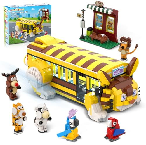 HOGOKIDS Cat School Bus Building Set with Light - 1319PCS City Bus Adventure Building Toy with 6 Animals & Station, Creative Cute Lion Parrots Elk Dairy Cow Tiger Blocks Playset Surprise Gift for Kids