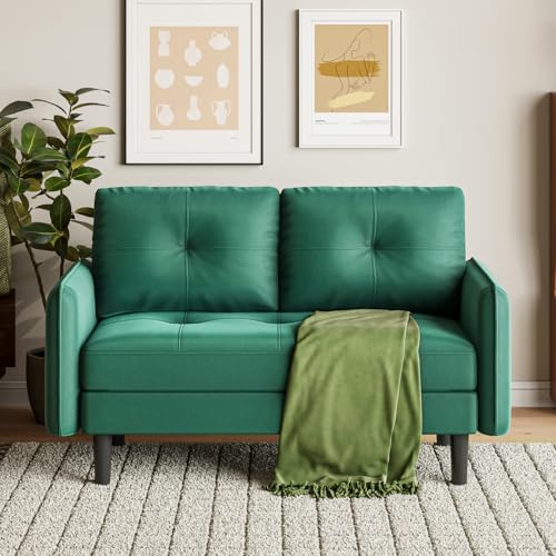 Jooli H Modern 2 Seater Sofa, 148cm Velvet Comfy Sofa Couch with 2 Storage Pockets and Soft Cushion, Small Sofas Compact Loveseat for Living Room, Bedroom, Green