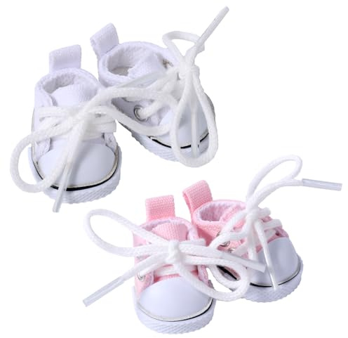 Lyreh 2 Paires Chaussures pour Mini-Poupées, Baskets Mignonnes Toile à Lacets pour Peluches de 17cm/15cm Chaussures Fingerboard Accessoires de Tenue (Rose, Blanc)