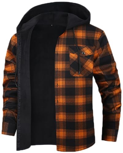 Iris Sprite Men's Plaid Shirt Padded Warm Lined Check Shirts Men Casual Plaid Shirts with Pocket Mens Hooded Check Jacket (Orange, XL)