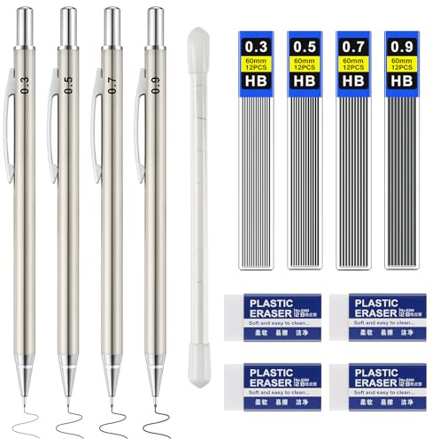 Leikedun 4 Stück Metall Druckbleistift Set 0,3/0,5/0,7/0,9 mm Minenbleistift, 4 Tuben (48 Stück) HB Bleistift Minen Austauschbare Nachfüllungen und Radiergummis, für Studenten, Schreiben, Zeichnen