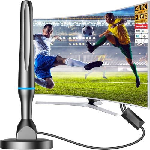 Indoor TV Aerial - Aerials Indoor for Local Channels with Signal Booster - 50+ Miles Long Range Reception, Freeview Aerial for Smart TV - Support 4K 1080P HD for All TVs - 10ft Cable