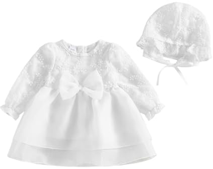 XIXIMAON Newborn Christening Dresses For Baby Girl Big Bow Decor Flower Embroidery Long Sleeve Tulle Tutu Dress Bonnet Outfit Toddler Girl Baptism Dress Wedding Clothes