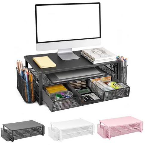 BOYIFEIJIE Supporto per monitor con cassetto e 2 portapenne, rialzo ergonomico da scrivania per laptop e schermo, organizer multifunzionale a 2 livelli per ufficio e home office (nero)