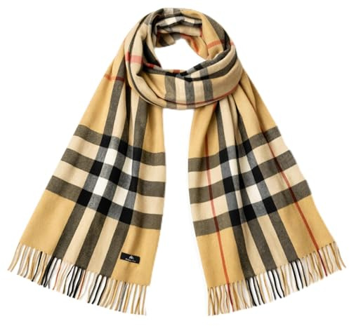 KARMA.DIEM Bufanda XXL a cuadros para hombre y mujer, elegante abrigo para todo el año, 175 x 66 cm, suave tacto cachemira, accesorio unisex ligero (Camel)