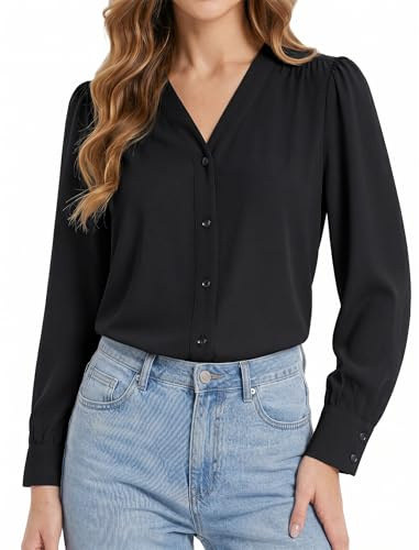 Enmain Chemise Femme Manches Longues Chic et Élégant Chemisiers et Blouses Mousseline à Col en V Haut Bureau Travail Fete avec Boutons