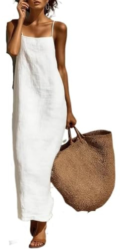 Abito Lungo in Lino e Cotone con Scollo Quadrato e Spalline Sottili Senza Maniche Abiti Lunghi da Donna Casual Larghi per Resort Stile Boho, bianco, S