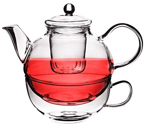Argon Tableware Glass Teapot & Cup Set for One - 550ml Teapot with Built-In Removable Infuser & Strainer - Heat-Resistant Borosilicate Glass Perfect for Loose Leaf, Herbal & Green Tea