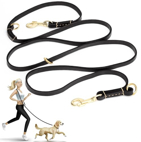 Guiding Star 8ft Leather Dog Leash - Soft Multi-function 6 in 1 Training Walking Leash, Hands Free, Dual, Crossbody for Small, Medium and Large Dogs, Service Dogs, Black