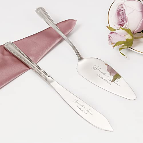 Personalized Cake Cutting Set for Wedding, Custom Cake Knife and Server Set, Stainless Steel Cake Serving Set, Engraved Pastry Pie Pizza Cutter Cake Slice, Bridal Anniversary (Silver)