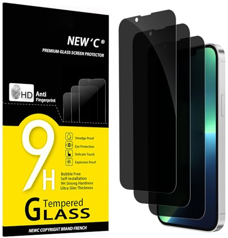 NEW'C 3 Pack, Privacy skärmskydd i glas för iPhone 13 Pro Max, iPhone 14 Plus (6,7 Tum), förbättrad 28-graders sekretessvinkel, ultrahållbar 9H hårdhet, bubbelfri