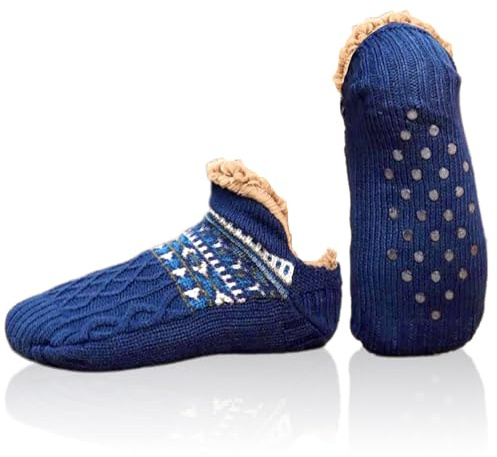 FUIPVGI Chausson Chaussette Homme Femme, Chaussettes Tricotées épaisses Doublées de Polaire, Chaussettes Chaudes Antidérapantes, Chaussettes D'hiver Moelleuses pour Maison de Lit au Sol (Bleu marine)