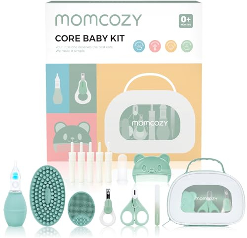 Momcozy Core Kit Bebe, Neceser Bebe Básico para el Cuidado & Limpieza, Cosas para Bebes Recien Nacidos Incluye Cortauñas,Aspirador Nasal,Tubo de Alivio de Gas, Cepillo Dientes y de Baño, Peine
