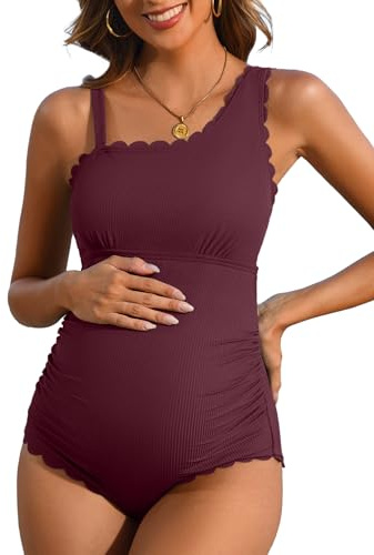Charmo Women Ruched Scalloped Swimwear Ribbed One Shoulder Maternity Swimsuits Full Coverage Pregnancy Bathing Suit Burgundy XL