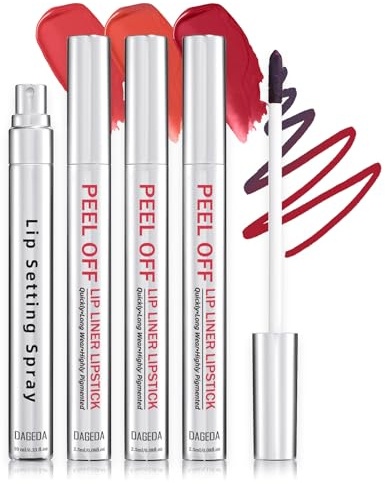 Prreal 3 colores Peel Off Lip Liner Stain, Long Lasting Tattoo Peel Off Lip Stain Set with Lip Setting Spray and Tweezers, Quickly Coloring, Highly Pigmented Matte Finish Lip Tint Stain