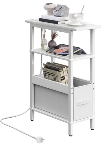 MAHANCRIS Narrow Side Table with Charging Station, 3 Tier Small End Table for Small Spaces, Slim Side Shelf with Storage, for Living Room, Bedroom, White AETBW125KE01