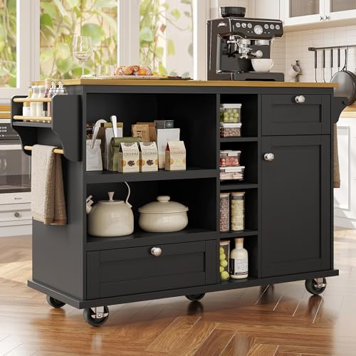 Jaxenor Rolling Kitchen Island on Wheels with Adjustable Shelves, Kitchen Trolley with Light Brown Wooden Worktop, Storage Trolley with 2 Drawers for Home Kitchens, Black