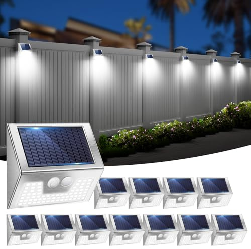 Solar Lights Outdoor Motion Sensor- Stainless Steel Led Security Lights IP65 Waterproof, 3 Lighting Modes, Cold White Brushed Nickel Pir Flood Lights for Wall Garden Yard Path - 12 Pack(Silver)