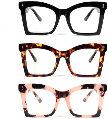 KoKoBin 3 Pack de lunettes de lecture carrées oversize pour femmes avec charnière à ressort anti-lumière bleue Lunettes d'ordinateur (3 pièces, 2.5)