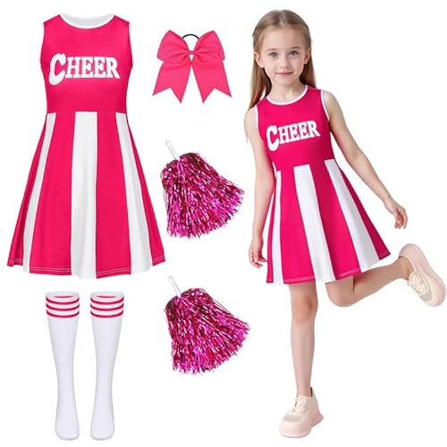 Cheerleader Outfit Girls Dress Cheerleader Costume Kids with Poms Poms Socks Hair Band Cheer Leader Fancy Dress Up Cheerleading Uniform High School Musical Halloween Carnival Party Cosplay Rose 130