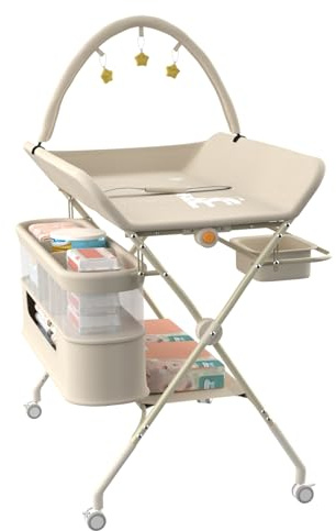 Table à Langer Mobile pour Bébé, Pliable avec Hauteur Réglable sur 5 Niveaux Poubelle Panier de Rangement Etagère Roues Verrouillables, pour Chambre de Bébé,75 * 68 * 83-91cm (B) Blanc crème
