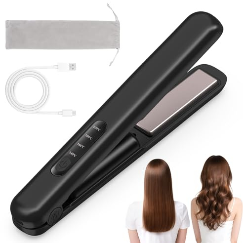 Cordless Hair Straighteners and Curler 2 in 1 Mini Travel Hair Straighteners for Women with Quick Heat Up LCD Display, USB-C Charging, 4 Temp Modes Travel Flat Wireless (Black)