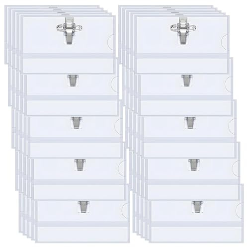 50 etiquetas para nombre, 90 x 54 mm, transparentes, fundas para tarjetas de identificación con clip y pin, para escuelas, oficina, viajes