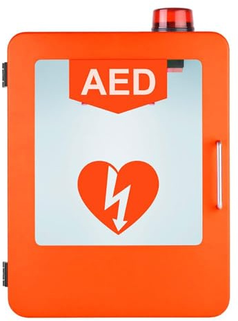 Armario para desfibrilador AED, Armario de almacenamiento for desfibrilador DEA con sistema luz y alarma, control doble interruptor botiquín primeros auxilios(Orange)