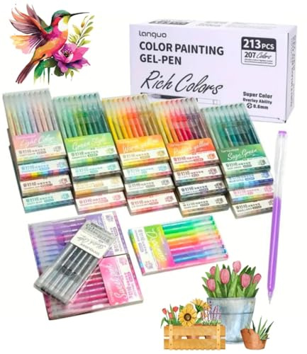 languo Lot de 213 Stylos Gel, 207 Couleurs, 24 boites individuelles. –Stylo Gel Adulte pour Dessin, Coloriage mystere, Griffonnage Artisanat Scrapbooking(0.6MM)