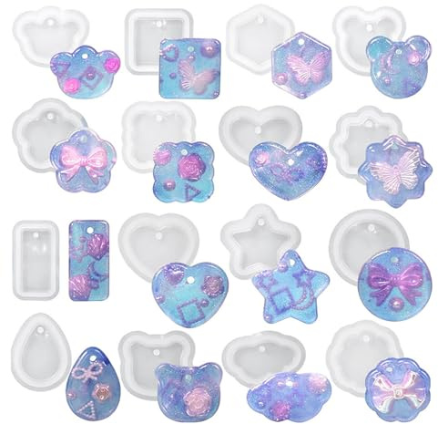 16 Pcs Silicone Resin Molds with Hole, Resin Casting Mould for Beginners, Epoxy Resins Moulds for Jewellery Making, Flexible Silicone Molds for Keychain Necklace Jewellery Pendant Making, DIY Craft