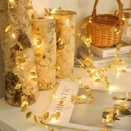 2M Battery Operated Gold Ivy Fairy Lights, Flexible Micro LED Leaf Garland String Lights, Warm White Ambient Lighting, Autumnal Christmas Decor for Bedroom, Wedding, Party, Indoor & Outdoor Decoration